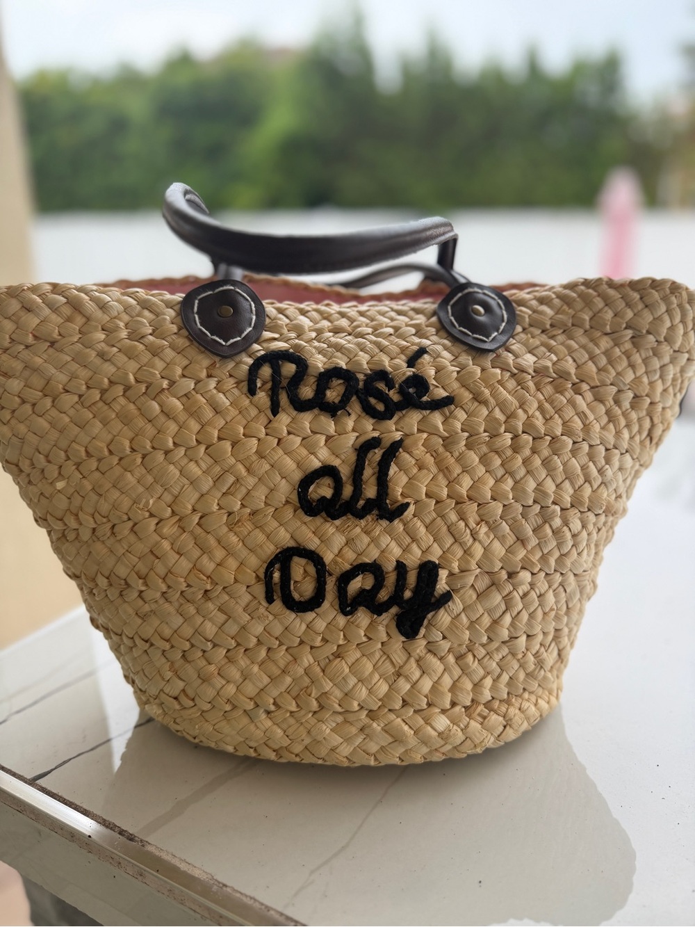 Serra Straw Tote bag and dark handles with Black Script "Rosé All Day" Rose All